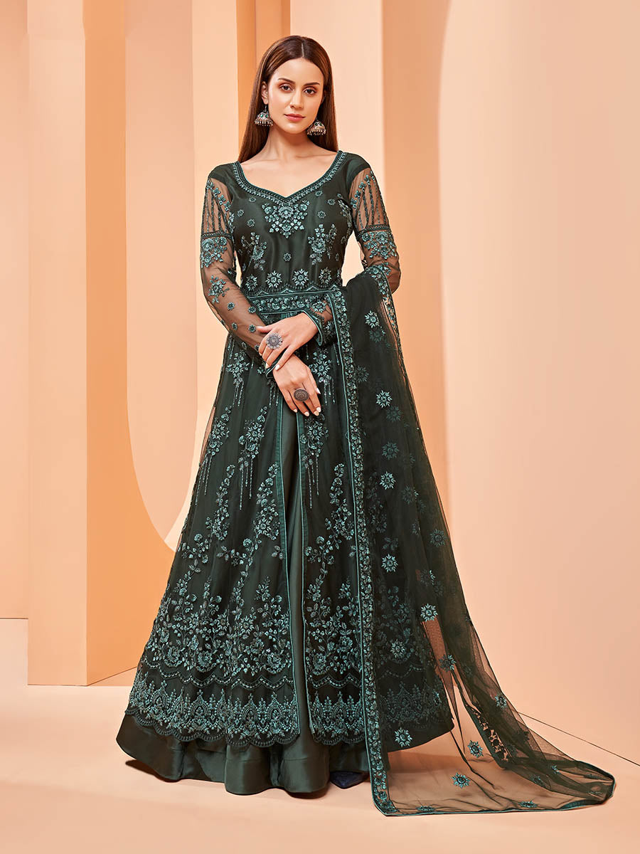 Myra Dark Green Butterfly Net Embroidery Anarkali - Distacart