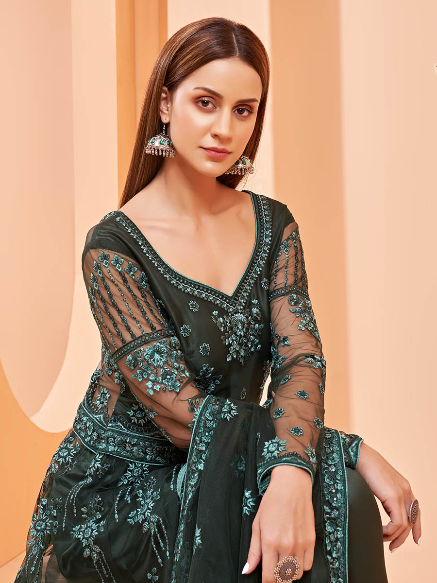 Myra Dark Green Butterfly Net Embroidery Anarkali - Distacart