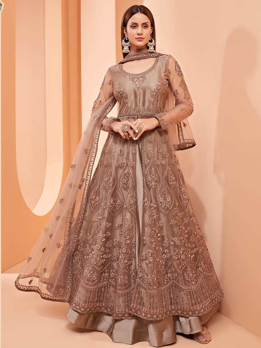 Myra Brown Butterfly Net Embroidery Anarkali