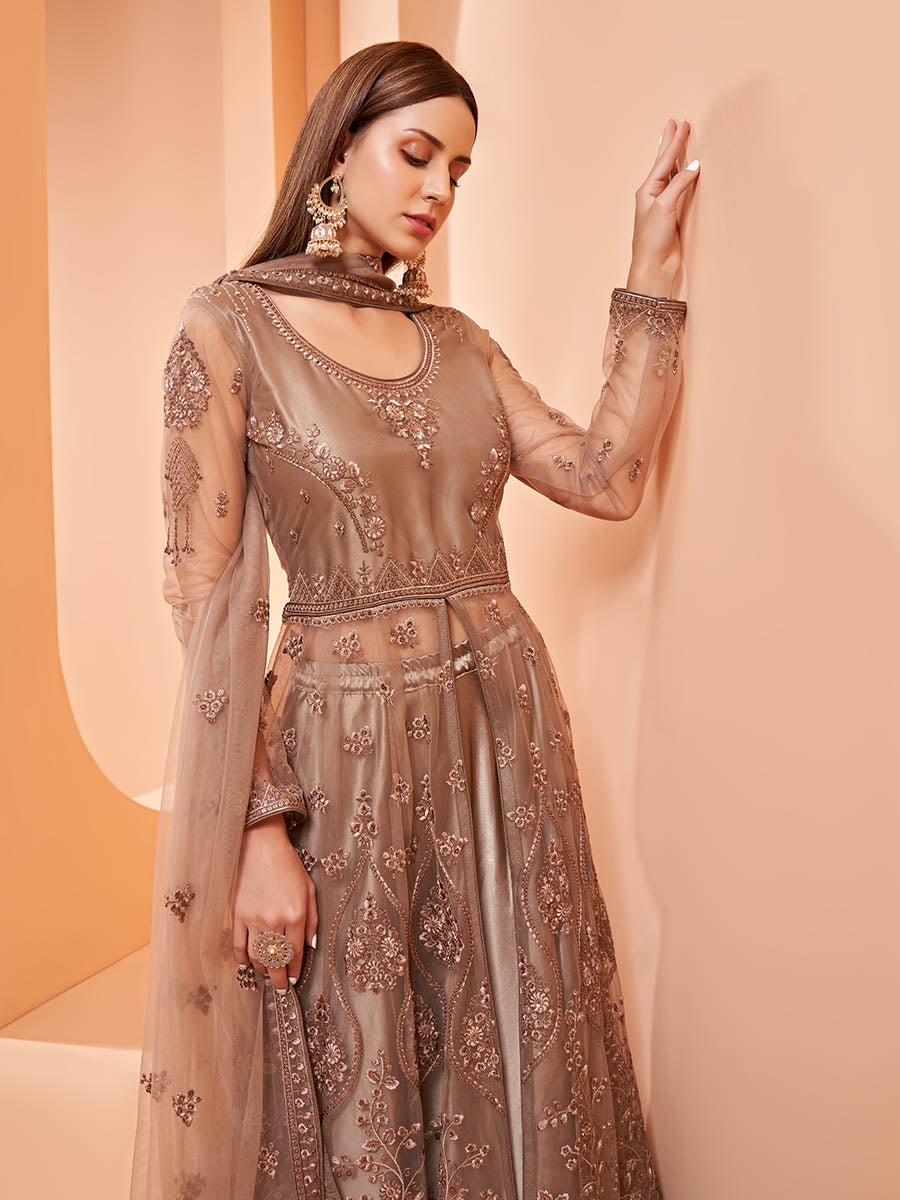 Myra Brown Butterfly Net Embroidery Anarkali
