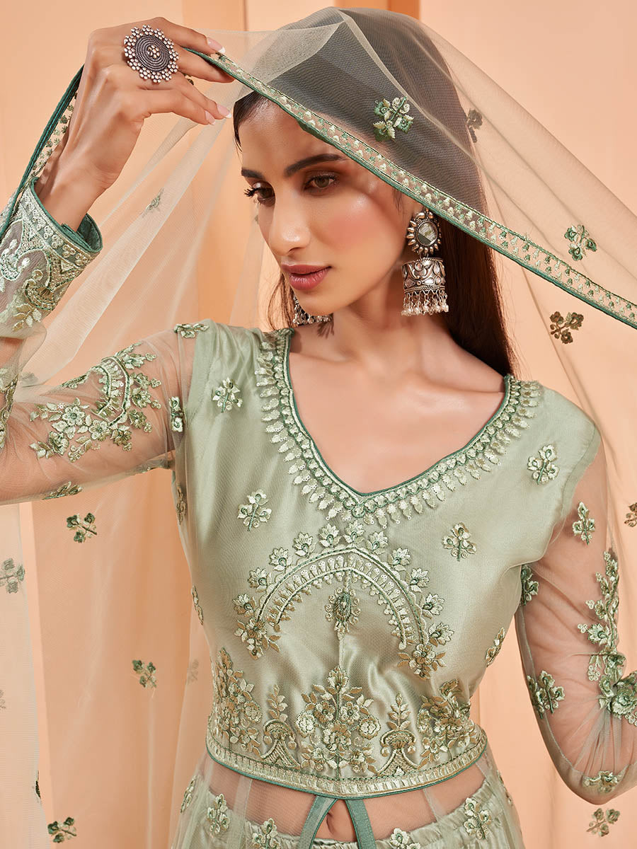 Myra Pista Green Butterfly Net Embroidery Anarkali