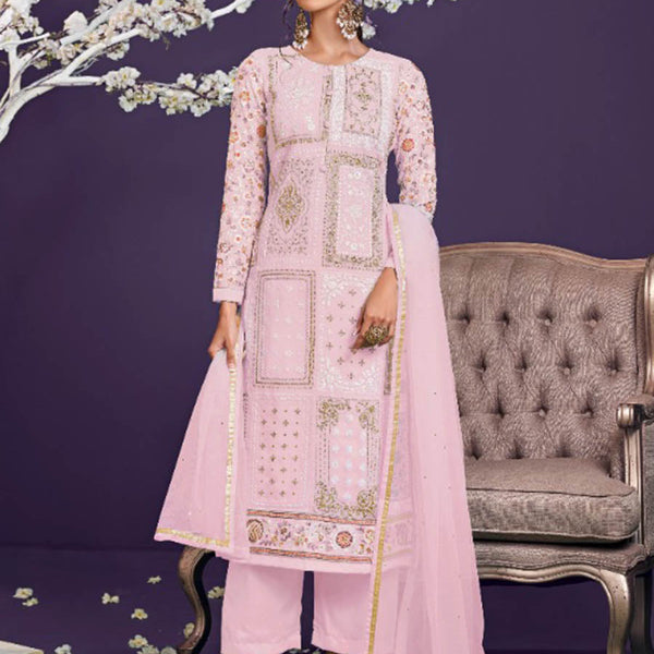 Myra Light Pink Floral Thread Embroidered Palazo Suit - Distacart