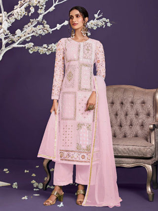 Myra Light Pink Floral Thread Embroidered Palazo Suit - Distacart