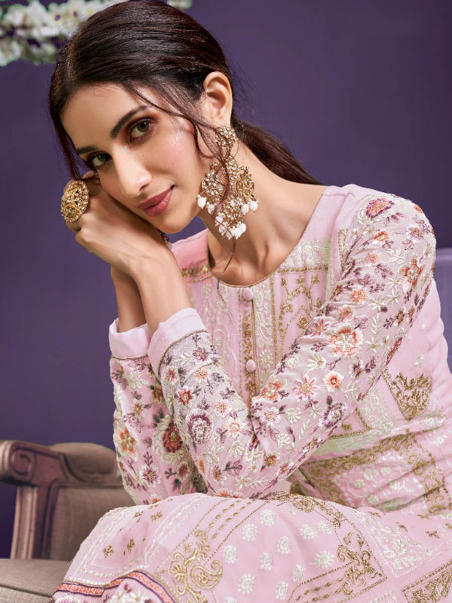 Myra Light Pink Floral Thread Embroidered Palazo Suit - Distacart