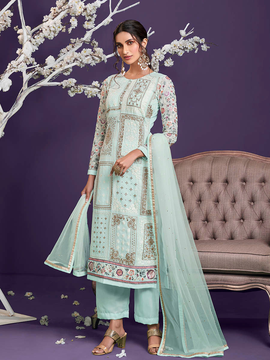 Myra Sea Green Floral Thread Embroidered Palazo Suit - Distacart
