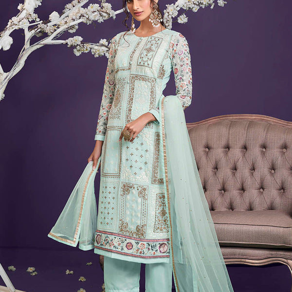 Myra Sea Green Floral Thread Embroidered Palazo Suit - Distacart