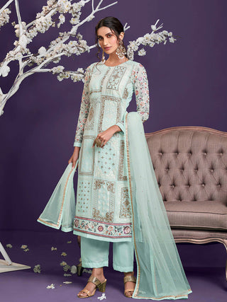 Myra Sea Green Floral Thread Embroidered Palazo Suit - Distacart