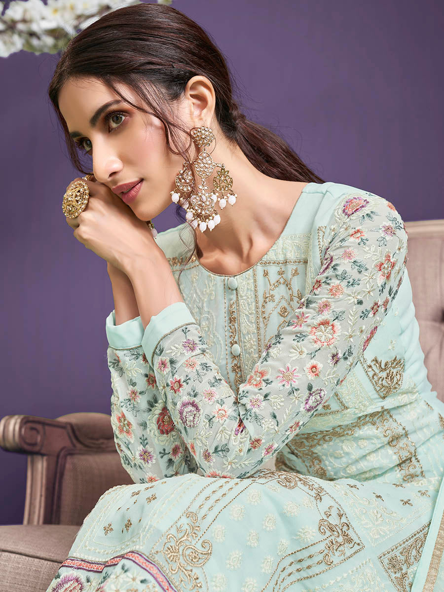Myra Sea Green Floral Thread Embroidered Palazo Suit - Distacart