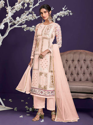 Myra Light Peach Floral Thread Embroidered Palazo Suit - Distacart