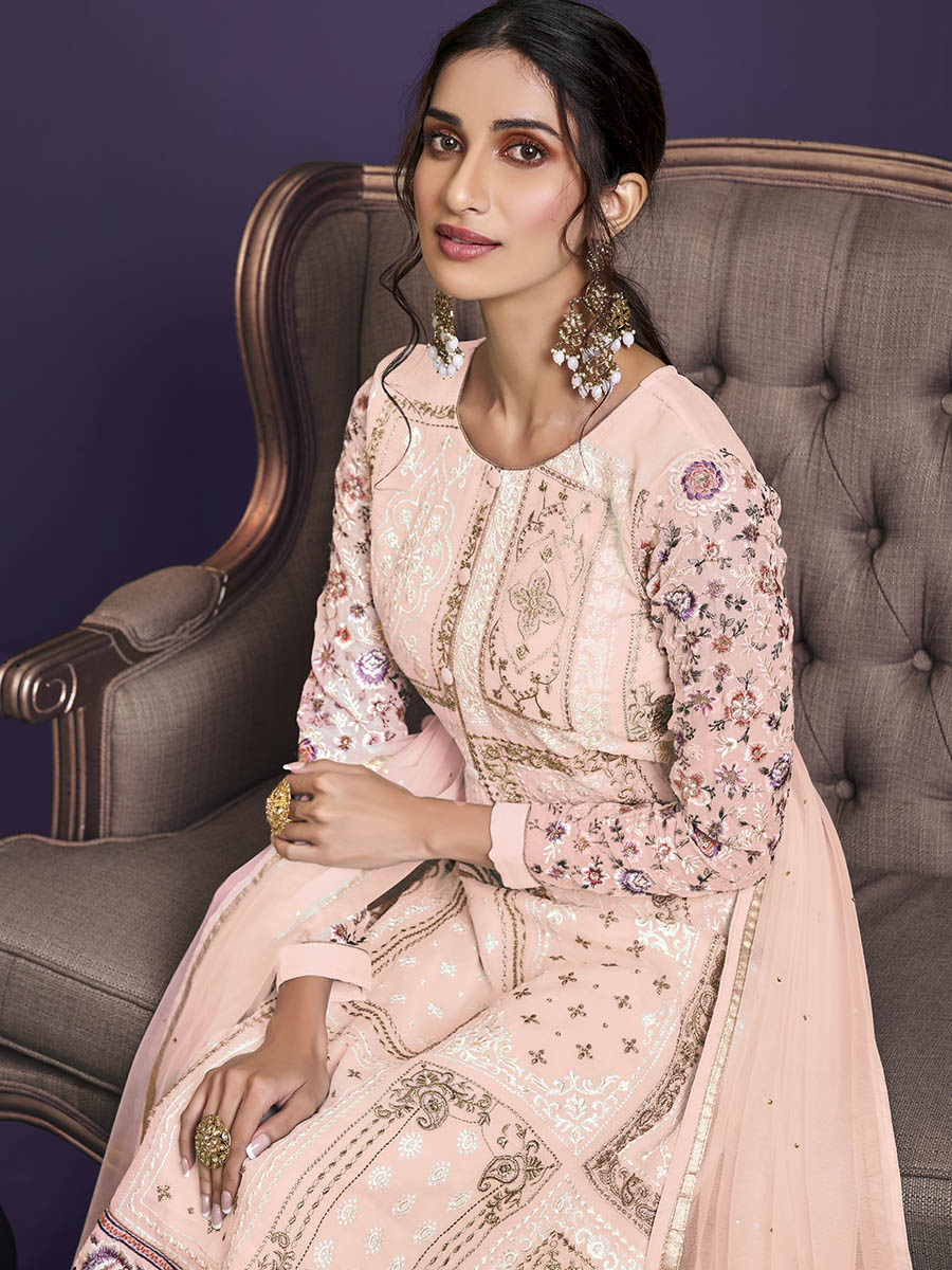 Myra Light Peach Floral Thread Embroidered Palazo Suit - Distacart