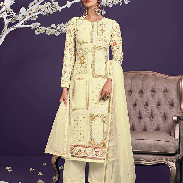 Myra Light Yellow Floral Thread Embroidered Palazo Suit - Distacart