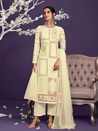 Myra Light Yellow Floral Thread Embroidered Palazo Suit - Distacart