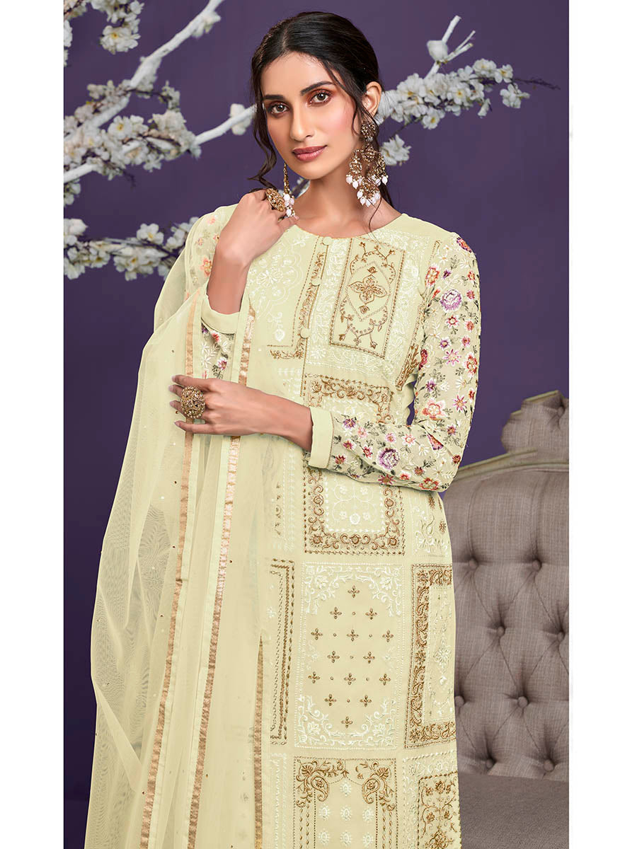 Myra Light Yellow Floral Thread Embroidered Palazo Suit - Distacart