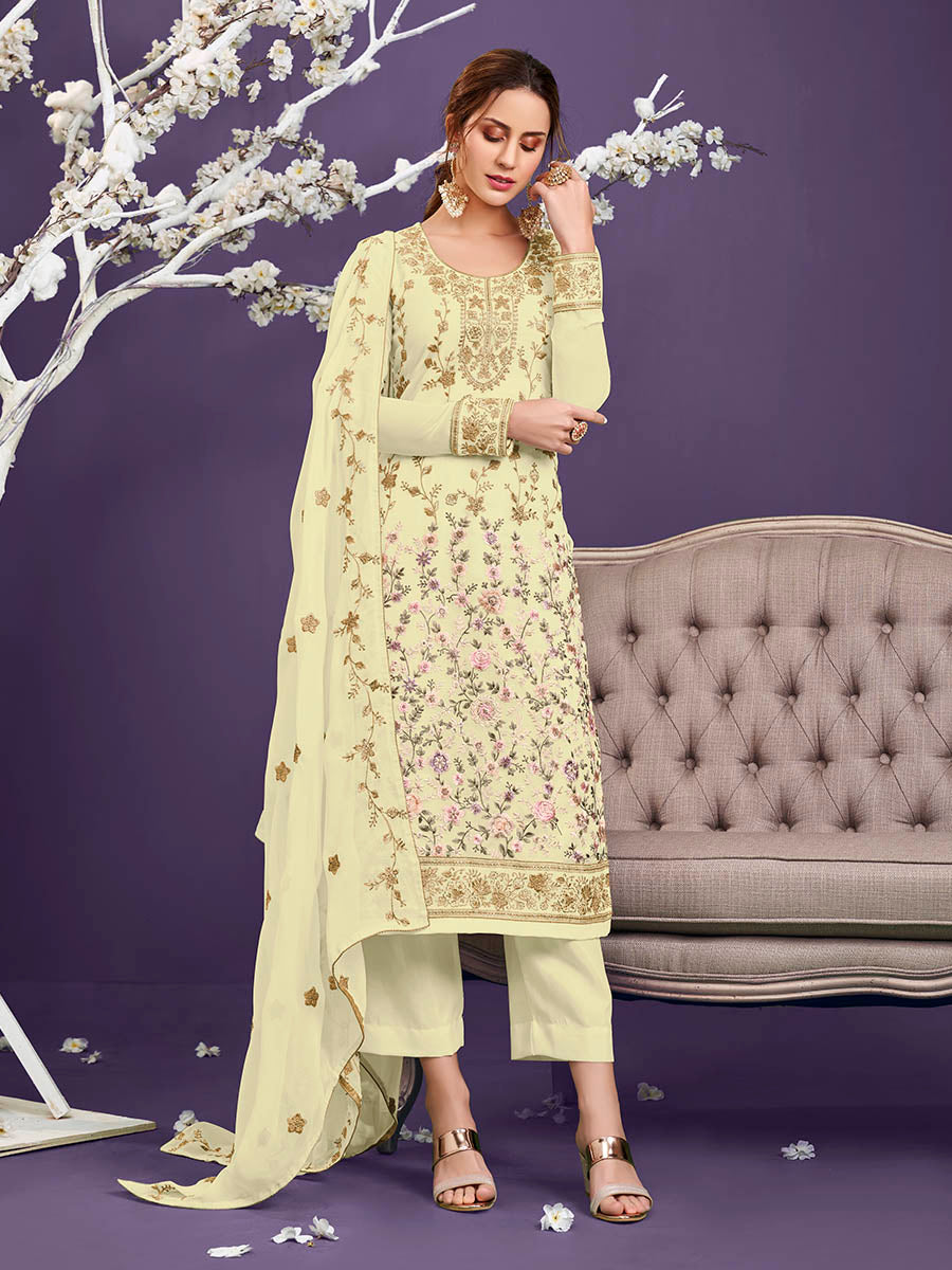 Myra Light Yellow Floral Thread Embroidered Palazo Suit - Distacart