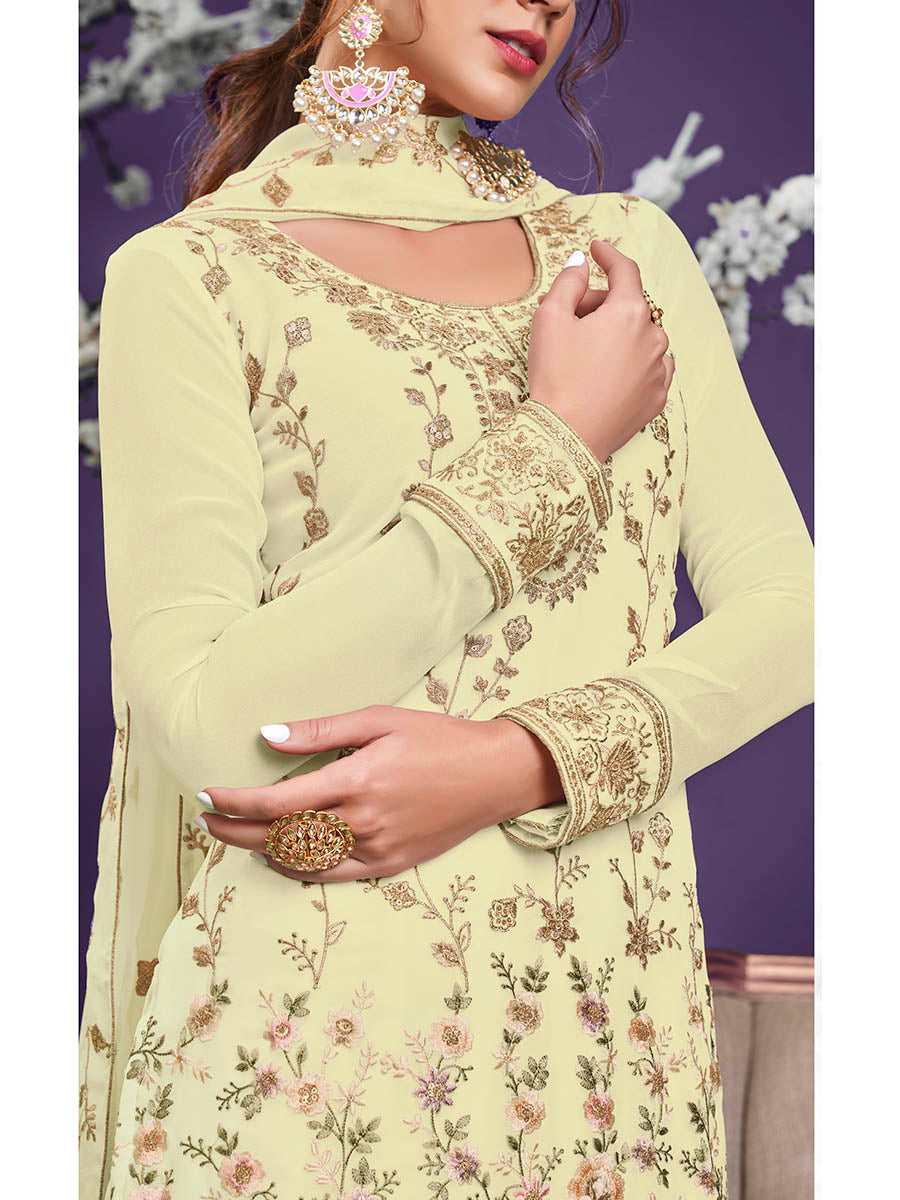 Myra Light Yellow Floral Thread Embroidered Palazo Suit - Distacart
