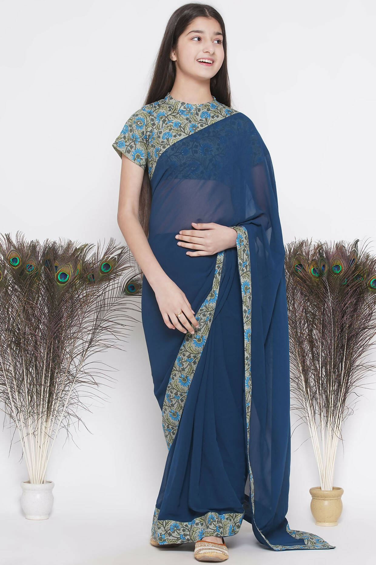Little Bansi Floral Print Ready To Wear Saree And Floral Blouse - Blue - Distacart