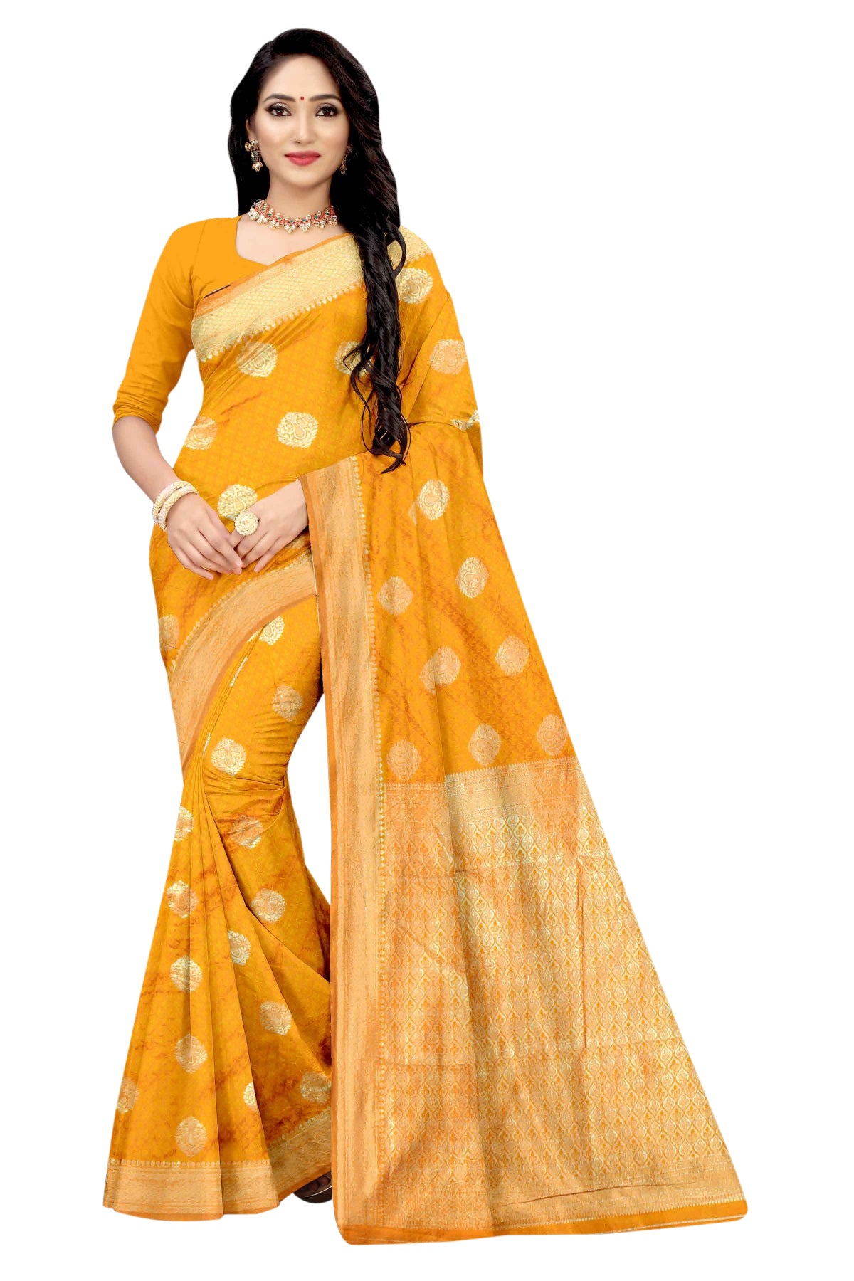 Vamika Mustard Weaving Banarasi Jacquard Saree - Distacart
