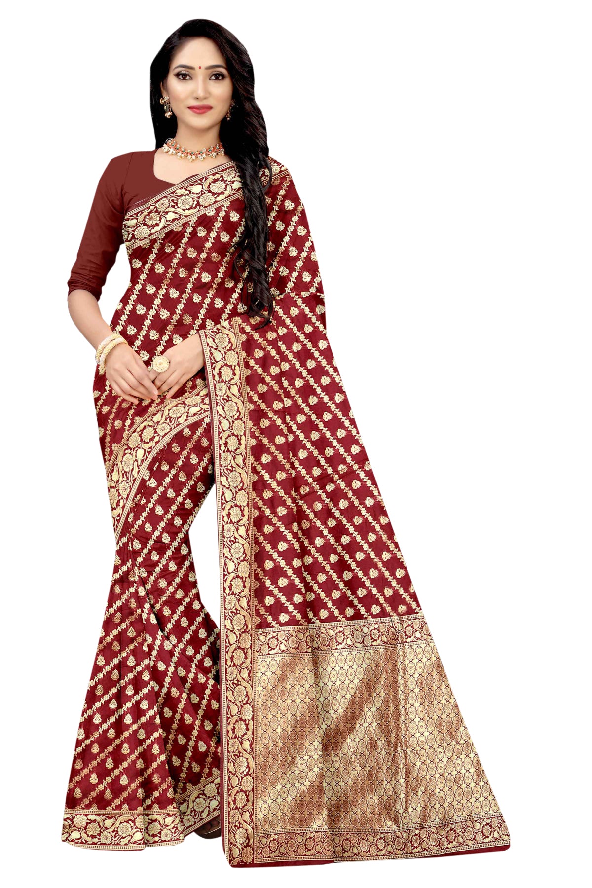 Vamika Maroon Weaving Banarasi Jacquard Saree - Distacart