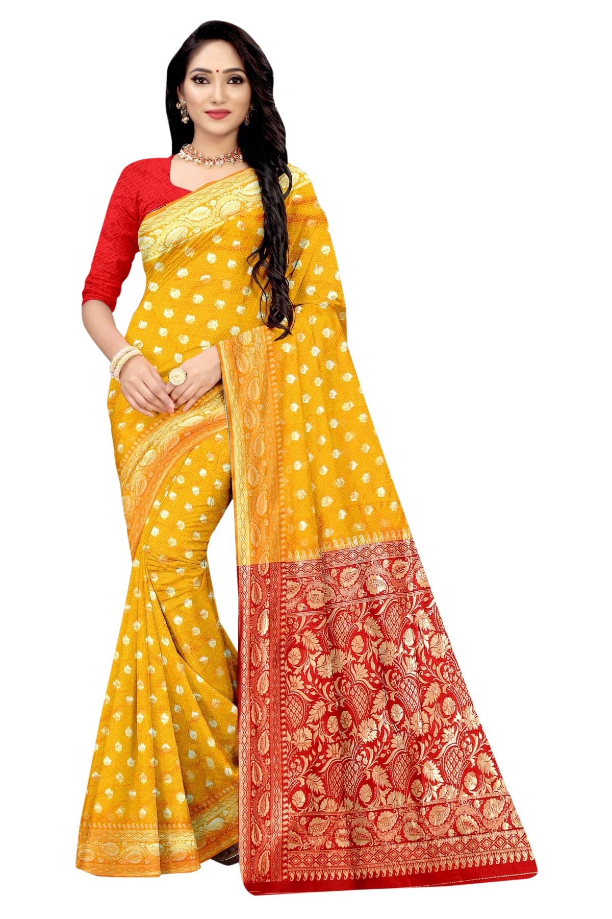 Vamika Mustard Weaving Banarasi Jacquard Saree - Distacart