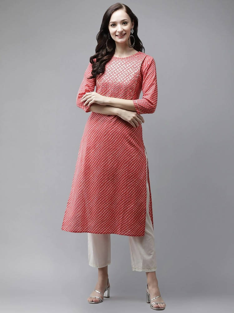 Yufta Red and White Bandhani print Kurta with Trouser Set