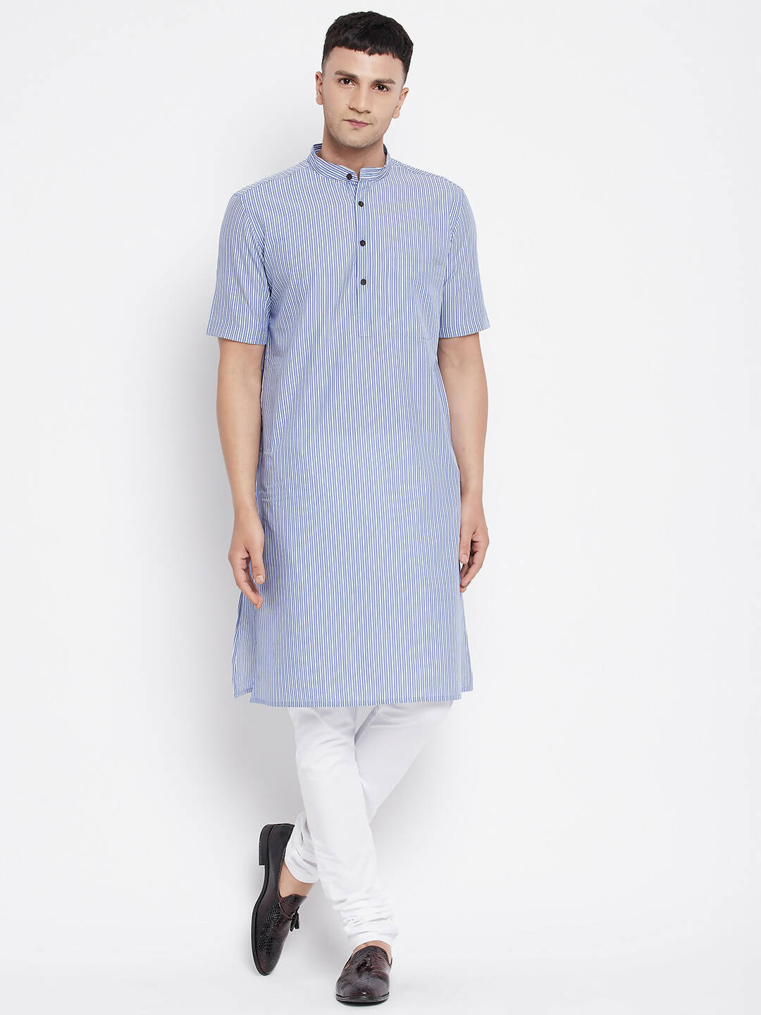 Even Apparels Blue Men's H/S Pure Cotton Kurta With Band Collar - Distacart