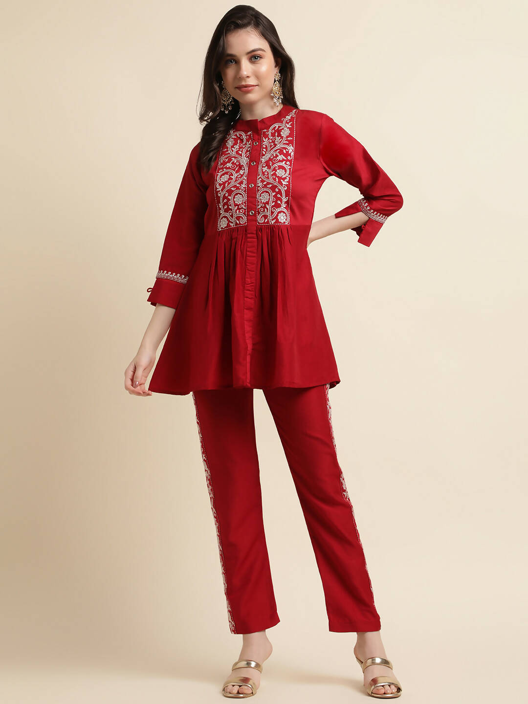 Red Chinon Floral Embroidered Top with Bottom - Maanushi - Distacart
