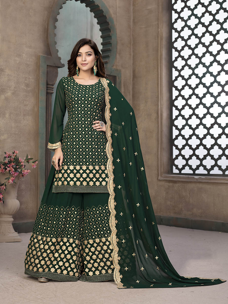 Myra Green Embroidered Faux Georgette Palaazo Suit - Distacart