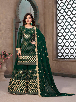 Myra Green Embroidered Faux Georgette Palaazo Suit - Distacart