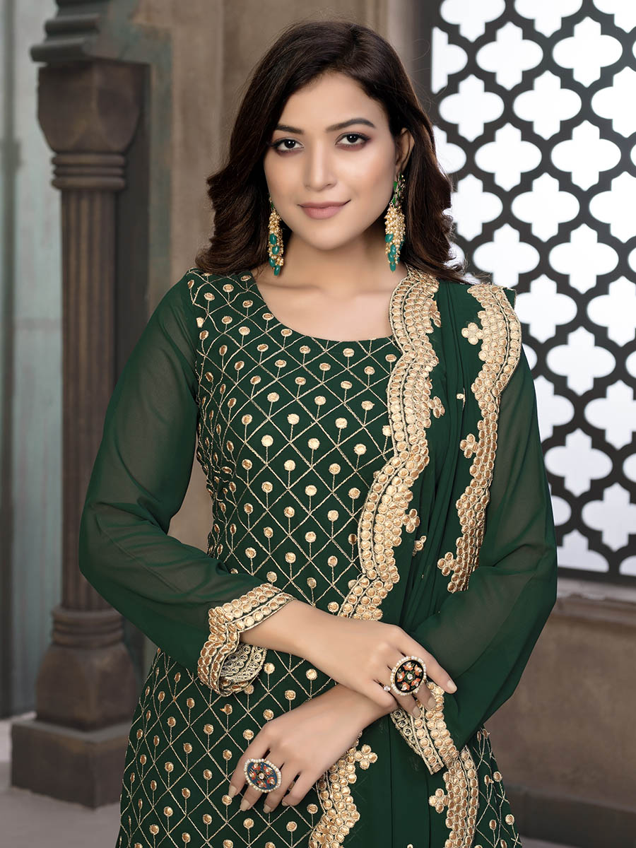 Myra Green Embroidered Faux Georgette Palaazo Suit - Distacart