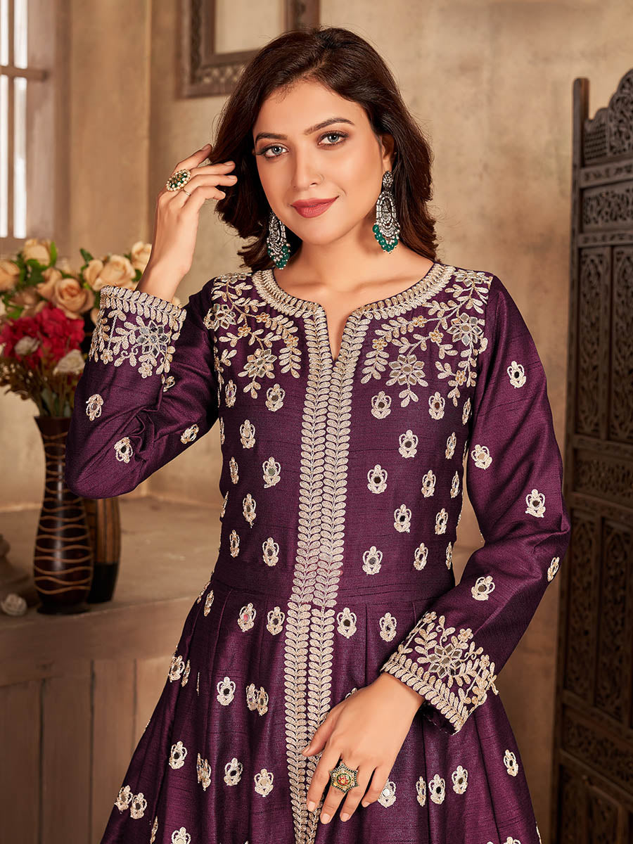 Myra Wine Art silk Embroidered Pant Style Anarkali Suit - Distacart