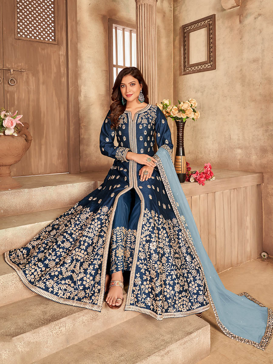 Myra Teal Art silk Embroidered Pant Style Anarkali Suit - Distacart