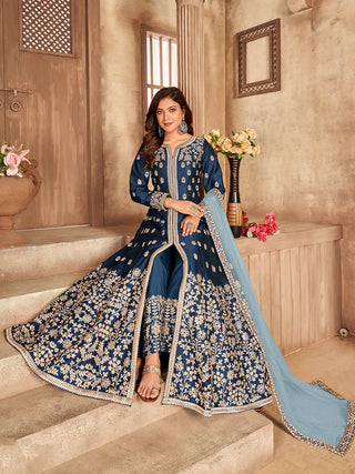 Myra Teal Art silk Embroidered Pant Style Anarkali Suit - Distacart