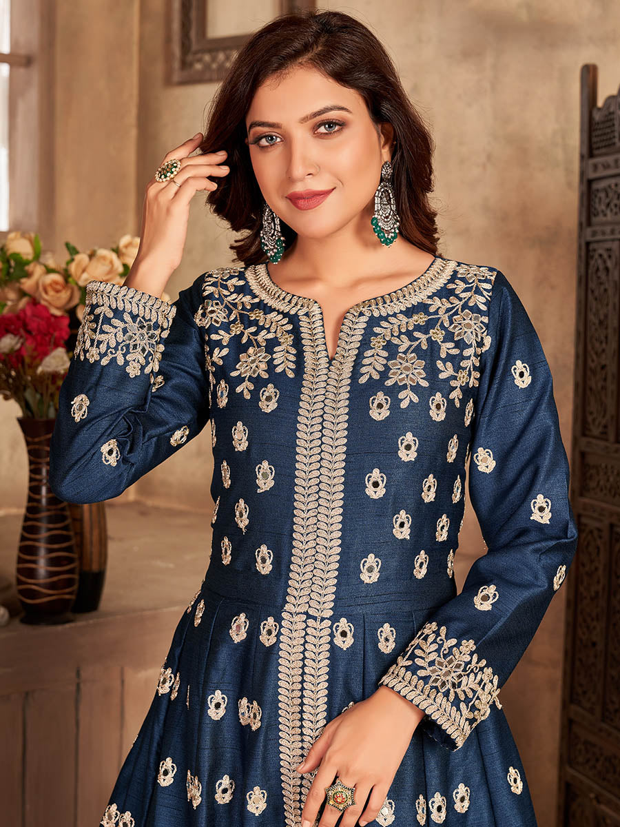 Myra Teal Art silk Embroidered Pant Style Anarkali Suit