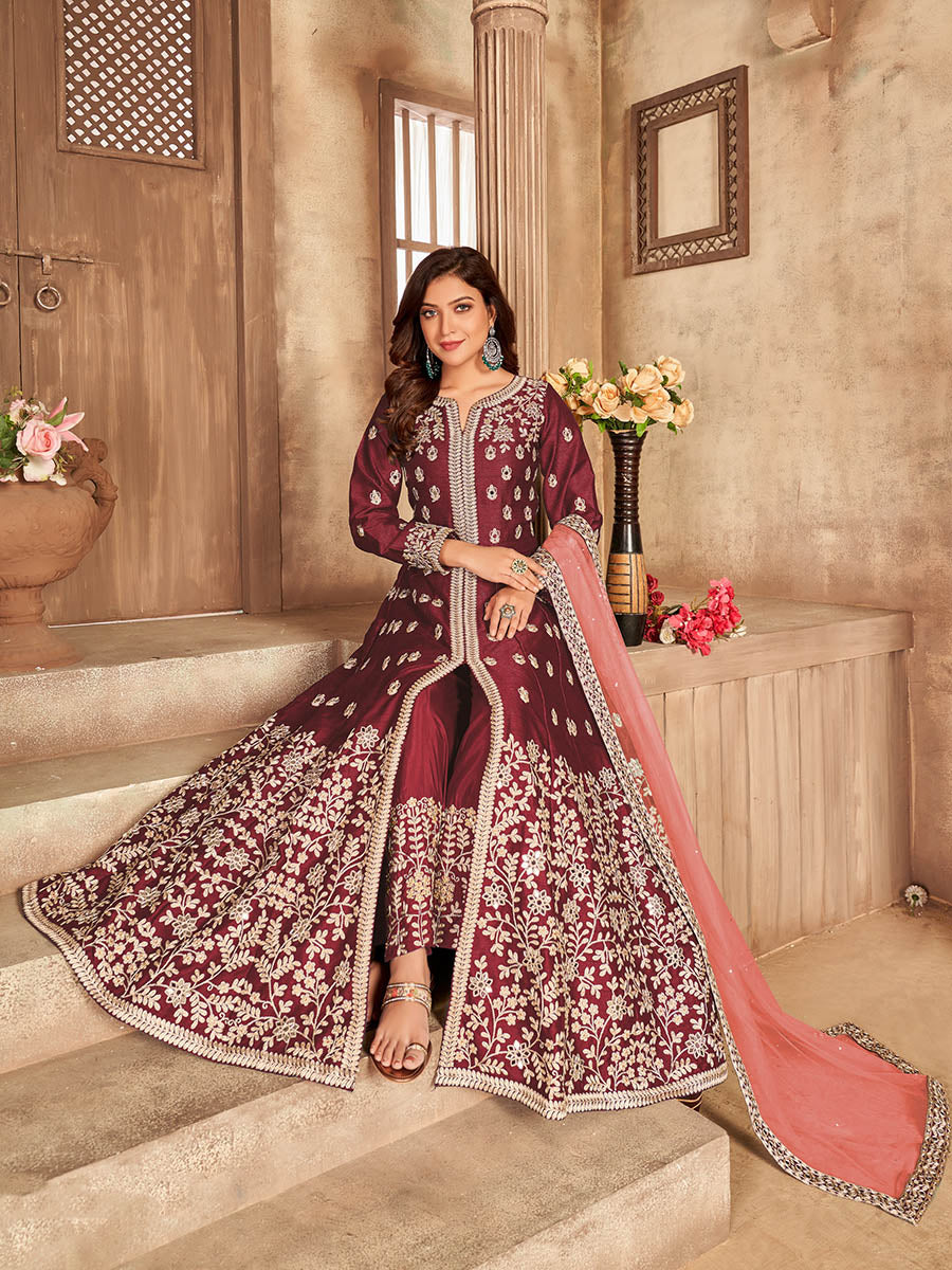 Myra Maroon Art silk Embroidered Pant Style Anarkali Suit - Distacart