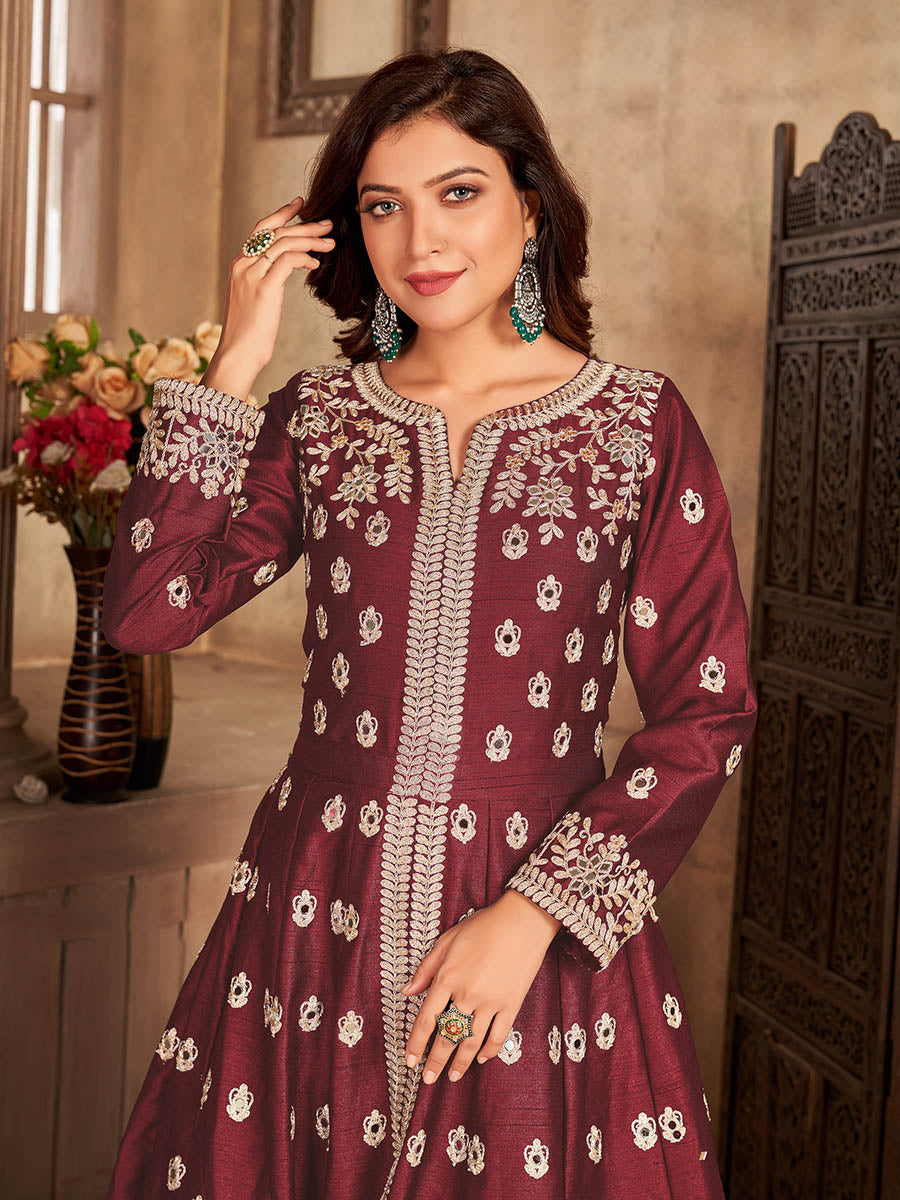 Myra Maroon Art silk Embroidered Pant Style Anarkali Suit - Distacart