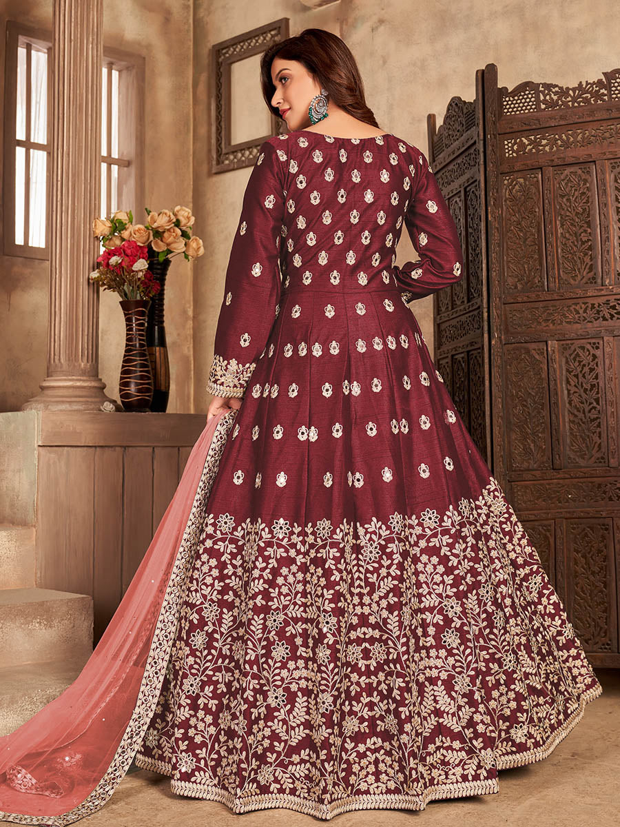 Myra Maroon Art silk Embroidered Pant Style Anarkali Suit