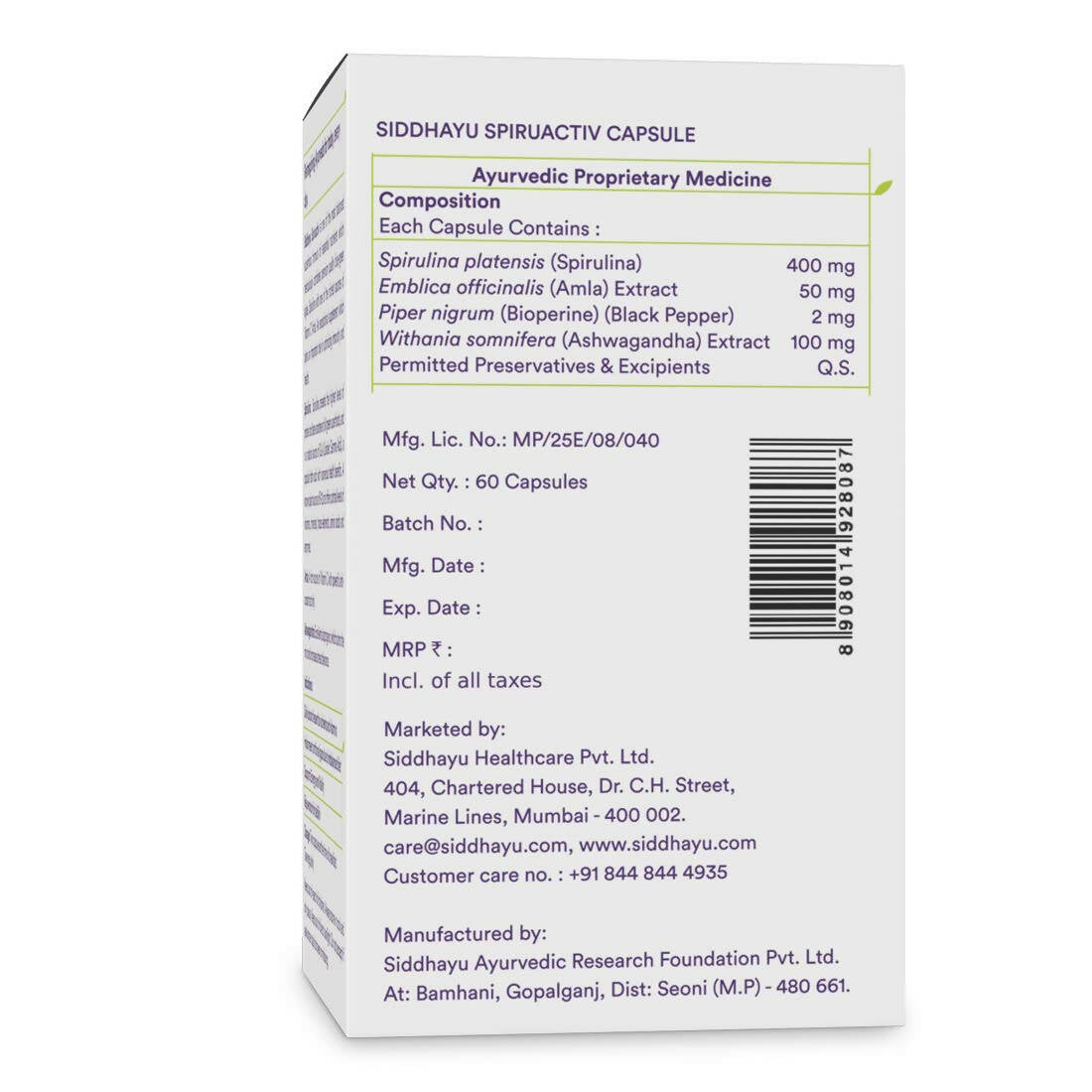 Siddhayu Ayurveda Spiruactiv Capsules with Spirulina - Distacart