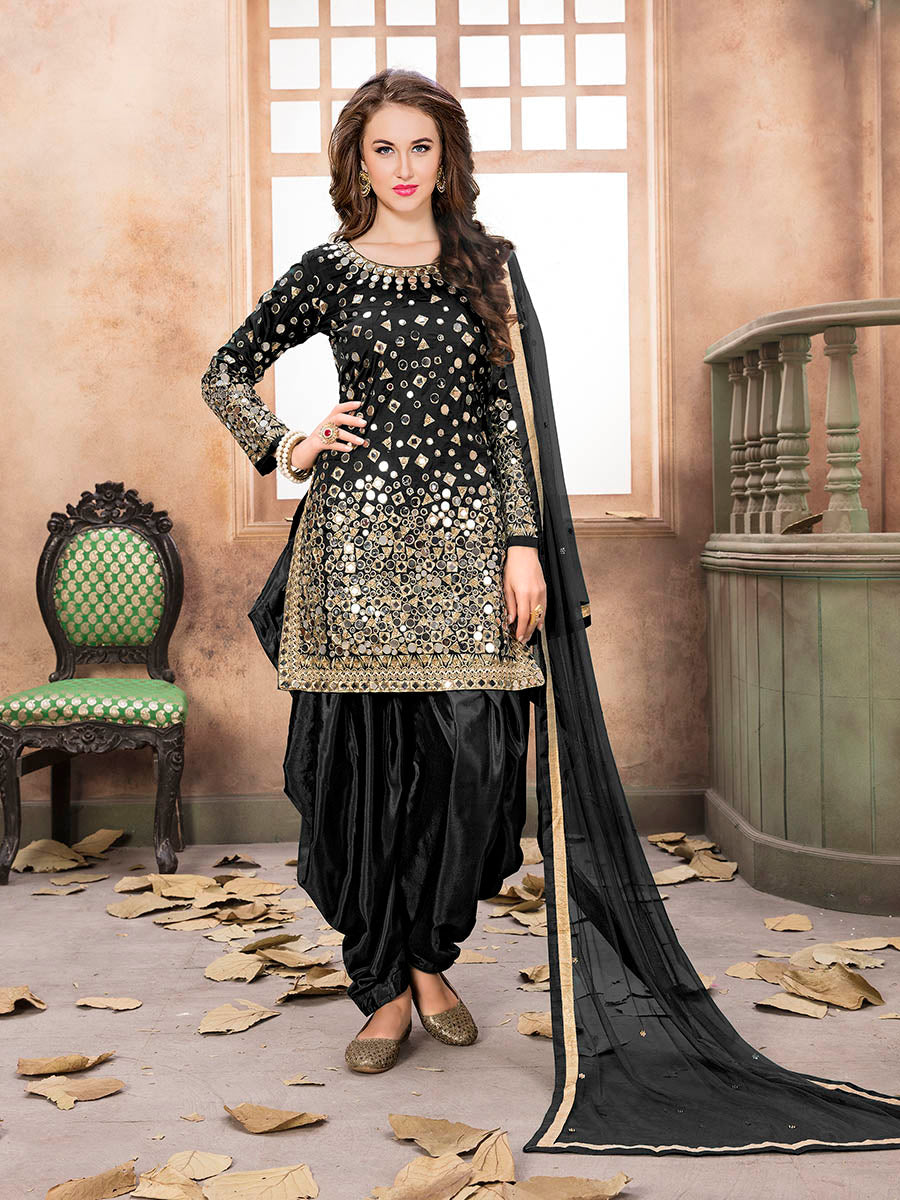 Myra Black Tafeta Silk Patiyala Suit - Distacart