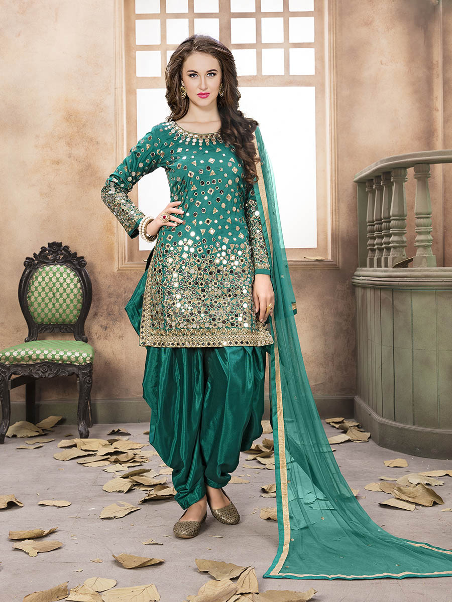 Myra Sea Green Tafeta Silk Patiyala Suit - Distacart