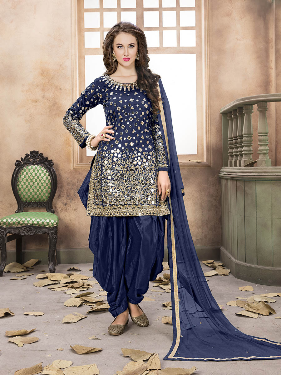 Myra Royal Blue Tafeta Silk Patiyala Suit - Distacart