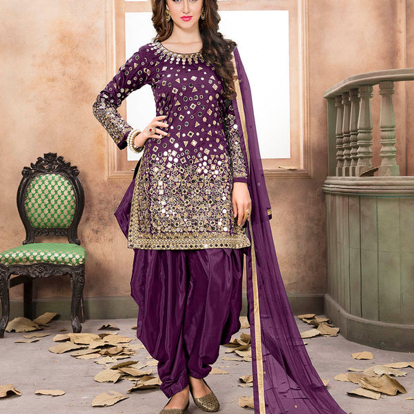 Myra Purple Tafeta Silk Patiyala Suit - Distacart