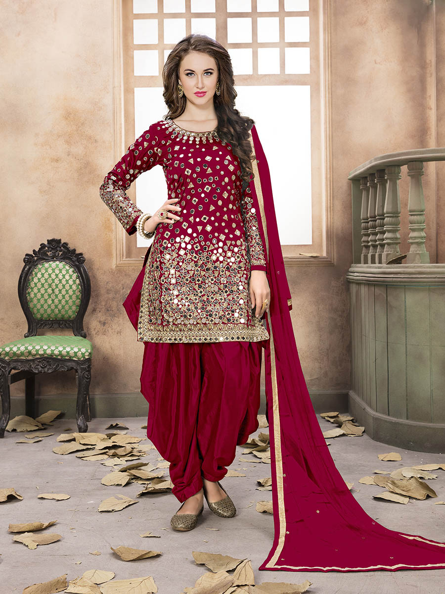 Myra Red Tafeta Silk Patiyala Suit - Distacart
