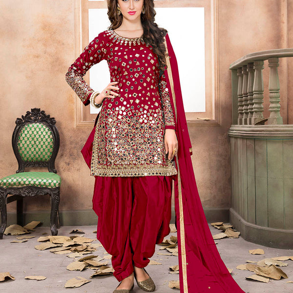 Myra Red Tafeta Silk Patiyala Suit - Distacart