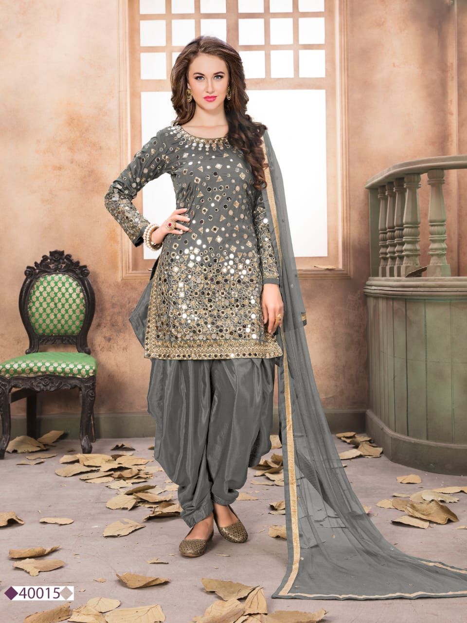 Myra Grey Tafeta Silk Patiyala Suit - Distacart
