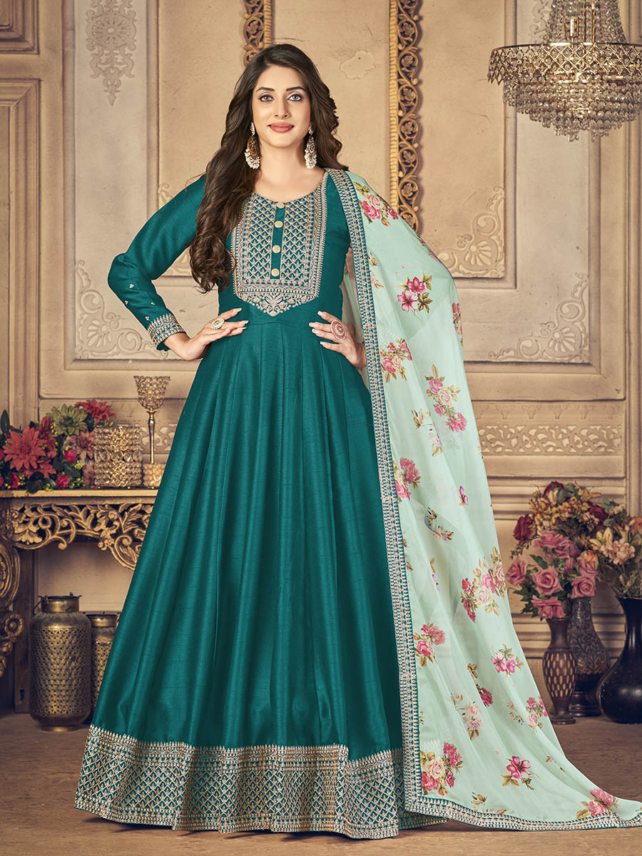 Myra Rama Green Silk Slub Embroidered Anarkali Suit - Distacart
