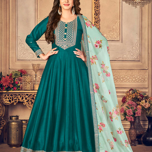 Myra Rama Green Silk Slub Embroidered Anarkali Suit - Distacart