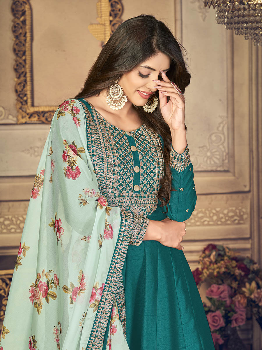 Myra Rama Green Silk Slub Embroidered Anarkali Suit - Distacart