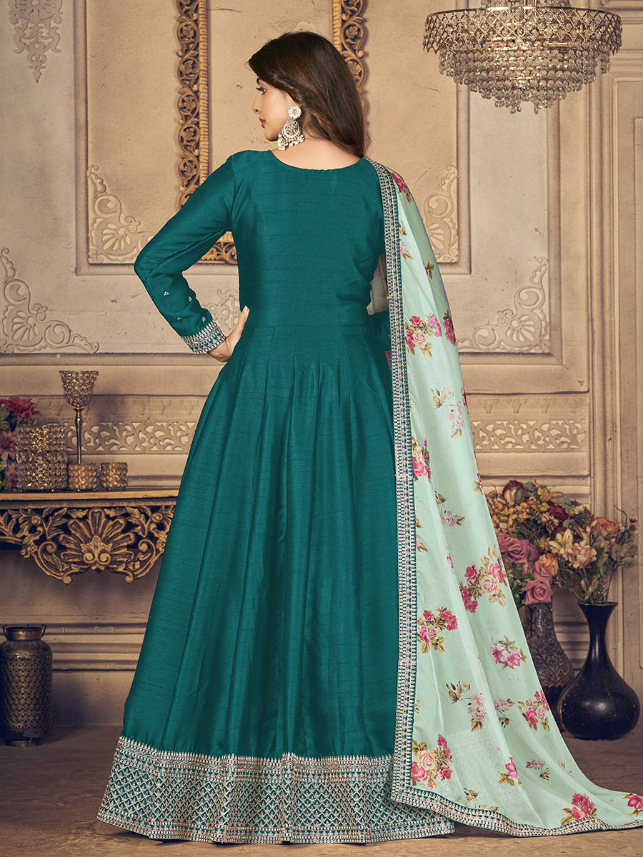 Myra Rama Green Silk Slub Embroidered Anarkali Suit - Distacart