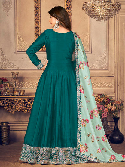 Myra Rama Green Silk Slub Embroidered Anarkali Suit - Distacart