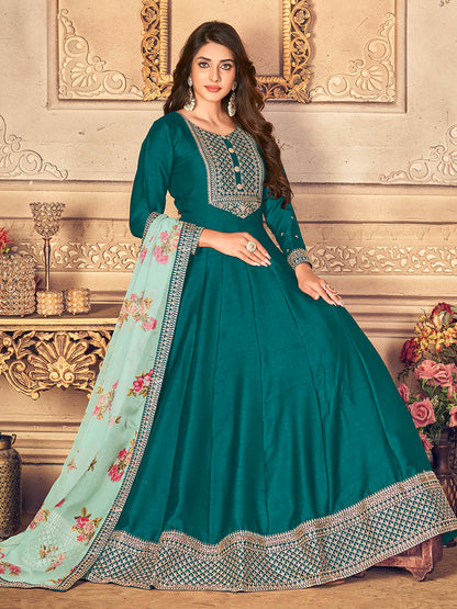 Myra Rama Green Silk Slub Embroidered Anarkali Suit - Distacart